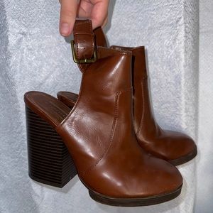 brown leather heeled booties , preloved , slight scuffing on inside of heels